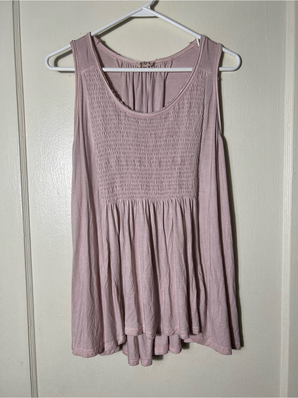 Pol light pink swing smocked lace up back tank top womens L boho